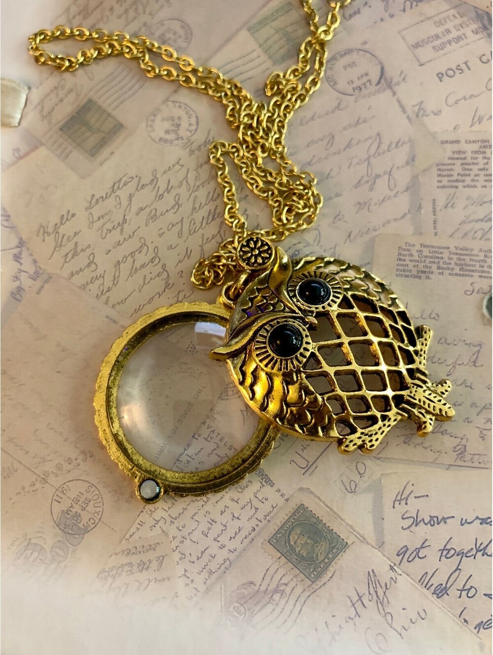 Owl Magnifying Glass Loupe Pendant Necklace Long Chain Sliding Cover